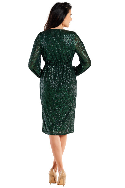 Sukienka cekinowa kopertowa z dekoltem V długi rękaw zielona